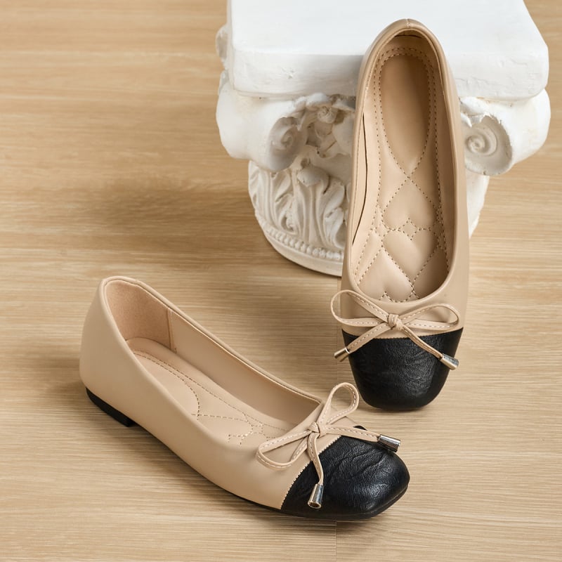 Pantofi dama fără toc cu funda de 3 cm, deschidere joasă, stil Chanel, color-block