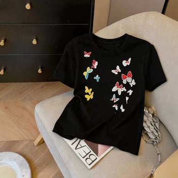 Tricou damă cu fluture colorat, mânecă scurtă, guler rotund, croială lejeră, vară 2026
