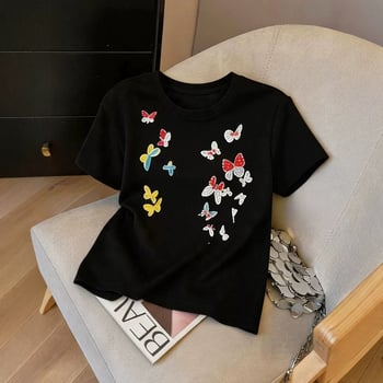 Tricou damă cu fluture colorat, mânecă scurtă, guler rotund, croială lejeră, vară 2026