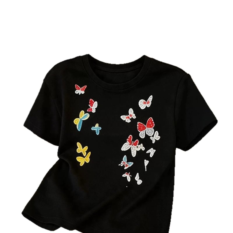 Tricou damă cu fluture colorat, mânecă scurtă, guler rotund, croială lejeră, vară 2026