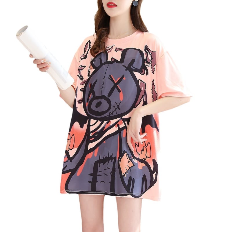 Tricou de vară pentru femei, imprimeu desen animat, mâneca scurtă, croială lejeră, lungime medie, mărime plus