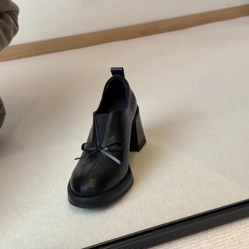 Loafers din piele de oaie, funda, vârf rotund, slip-on cu toc înalt