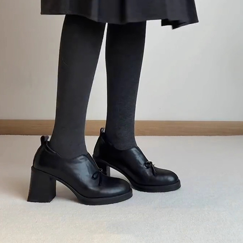 Loafers din piele de oaie, funda, vârf rotund, slip-on cu toc înalt