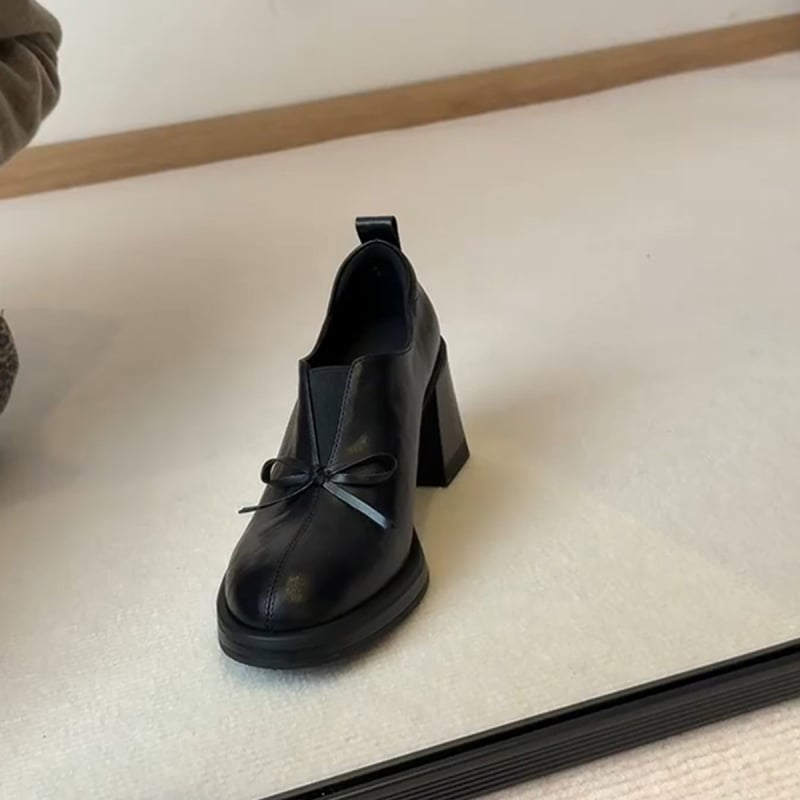 Loafers din piele de oaie, funda, vârf rotund, slip-on cu toc înalt