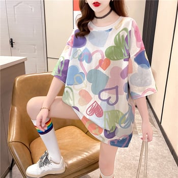Tricou damă cu mânecă scurtă, croială lejeră, stil coreean, imprimeu grafic, plus size, vară.