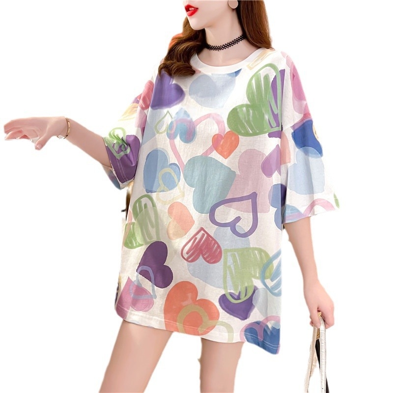 Tricou damă cu mânecă scurtă, croială lejeră, stil coreean, imprimeu grafic, plus size, vară.