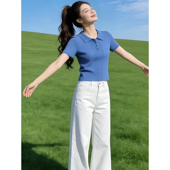 Tricou polo damă din ice silk, mâneci scurte, stil coreean, croială slim, vară