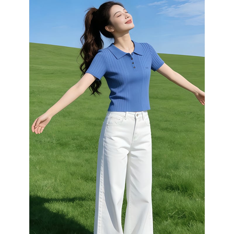 Tricou polo damă din ice silk, mâneci scurte, stil coreean, croială slim, vară