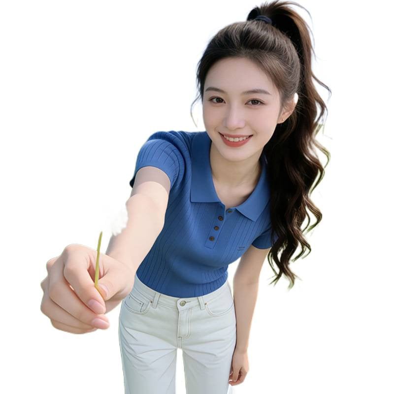 Tricou polo damă din ice silk, mâneci scurte, stil coreean, croială slim, vară