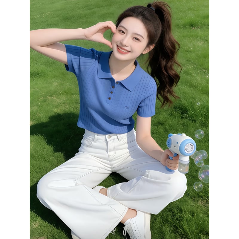 Tricou polo damă din ice silk, mâneci scurte, stil coreean, croială slim, vară