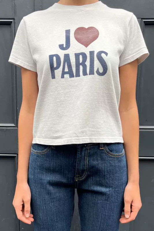Tricou damă slim-fit, stil BM, retro american, imprimeu inimă și litere Paris, mânecă scurtă