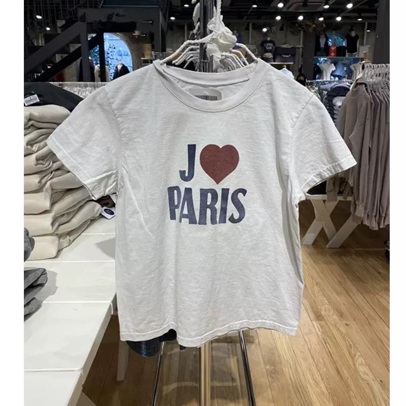 Tricou damă slim-fit, stil BM, retro american, imprimeu inimă și litere Paris, mânecă scurtă