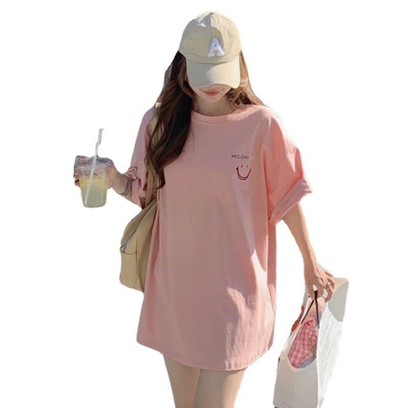 Tricou roz cu zâmbet pentru femei, mâneci scurte, vară 2023, croială lejeră, guler rotund, stil japonez-coreean