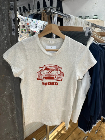 Tricou damă din bumbac, imprimeu Turbo, gri, mâneci scurte, croială lejeră, top de vară