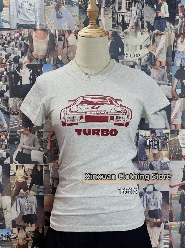 Tricou damă din bumbac, imprimeu Turbo, gri, mâneci scurte, croială lejeră, top de vară