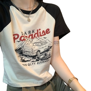 Tricou dama cu mânecă scurtă, imprimat retro american, croială slim, cropped top, stil korean, vară 2025.