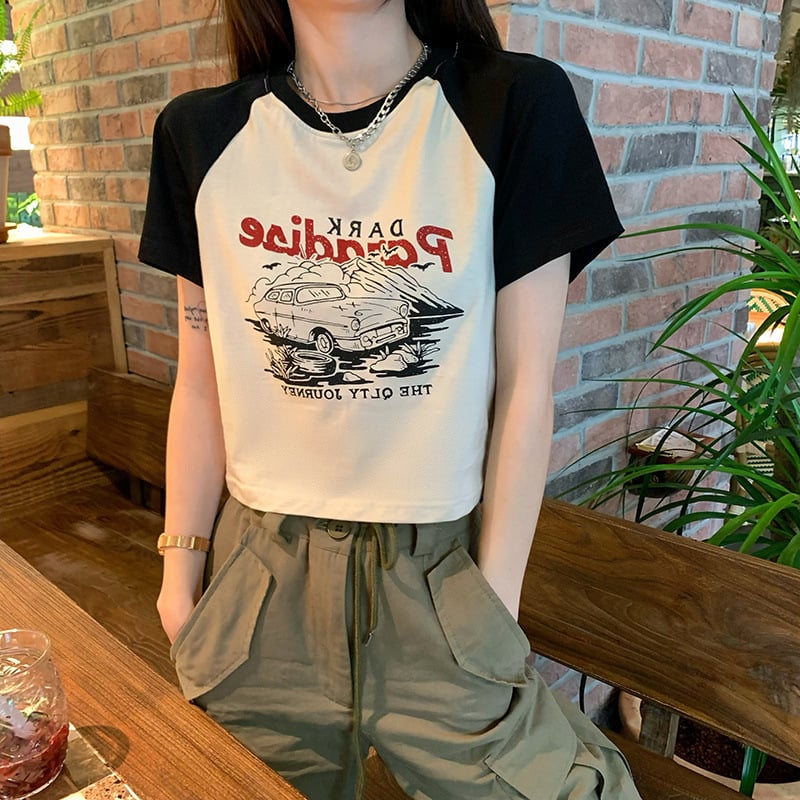 Tricou dama cu mânecă scurtă, imprimat retro american, croială slim, cropped top, stil korean, vară 2025.