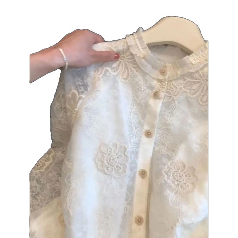 Bluză cu dantelă brodată în stil franțuzesc, pentru femei, primăvară, elegantă și fină, cu margine cu volane