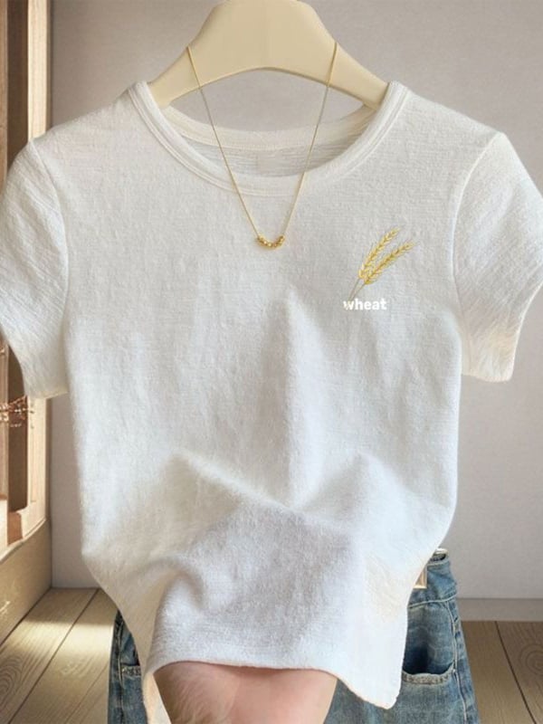 Tricou alb dama cu textură, mâneci scurte, guler rotund, croială lejeră, vară 2026 cu imprimeu desene animate