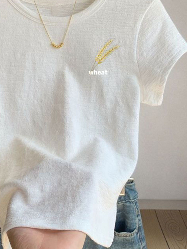 Tricou alb dama cu textură, mâneci scurte, guler rotund, croială lejeră, vară 2026 cu imprimeu desene animate
