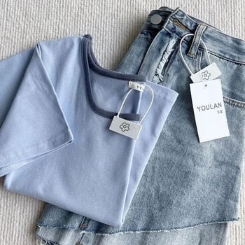 Tricou crop cu decolteu pătrat, mâneci scurte, vară, croială slim, stil versatil