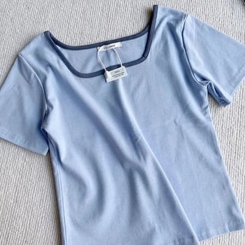 Tricou crop cu decolteu pătrat, mâneci scurte, vară, croială slim, stil versatil