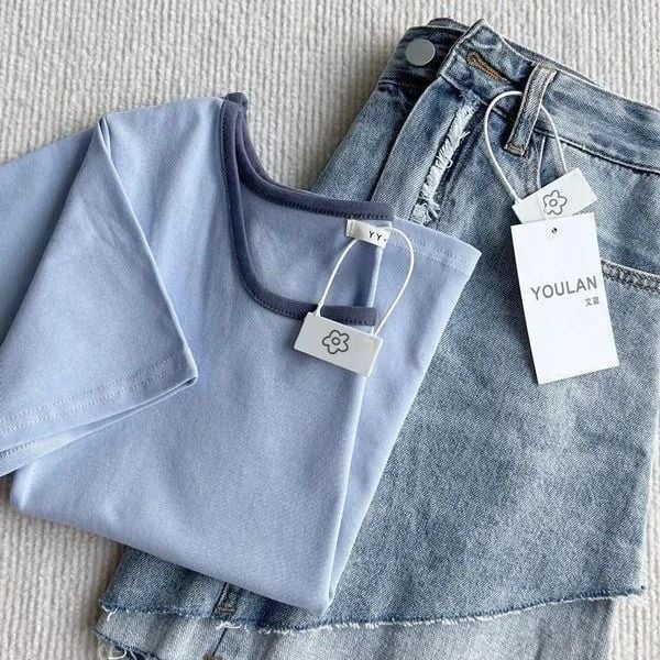 Tricou crop cu decolteu pătrat, mâneci scurte, vară, croială slim, stil versatil