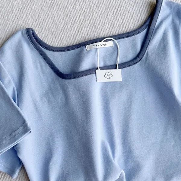 Tricou crop cu decolteu pătrat, mâneci scurte, vară, croială slim, stil versatil