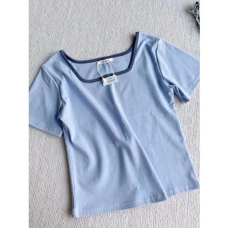 Tricou crop cu decolteu pătrat, mâneci scurte, vară, croială slim, stil versatil