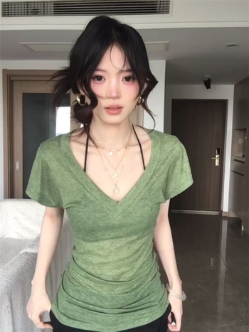 Tricou damă cu mâneci batwing și decolteu în V, Moss Green, mâneci scurte, vară 2025, croială slim, design de strângere a taliei