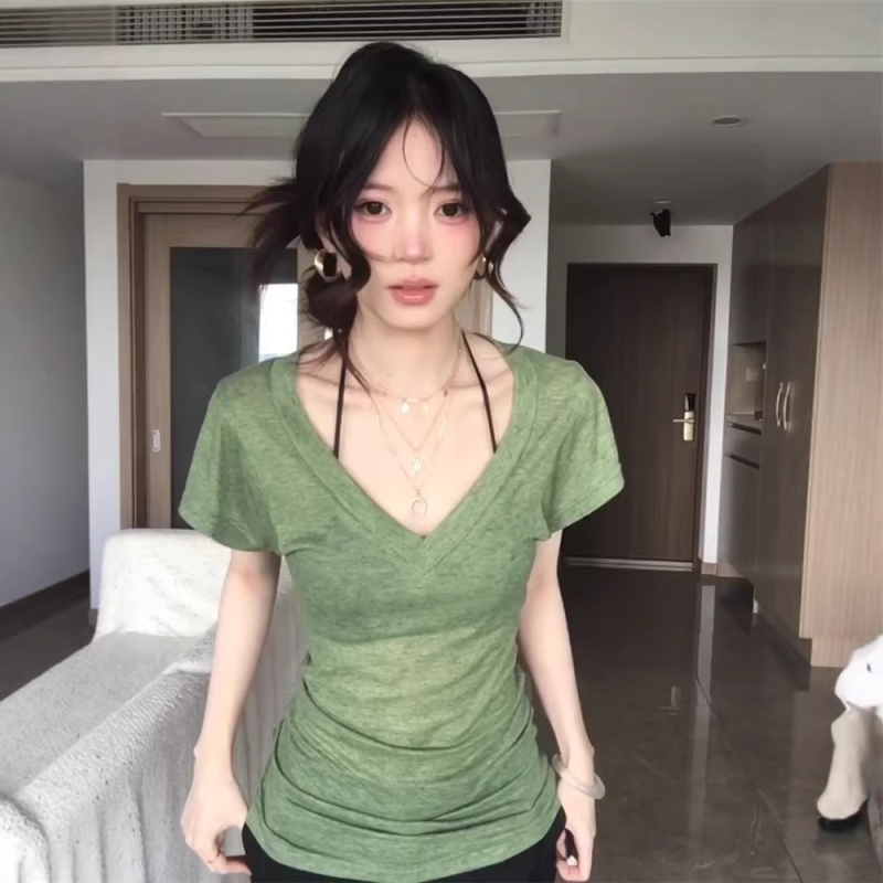 Tricou damă cu mâneci batwing și decolteu în V, Moss Green, mâneci scurte, vară 2025, croială slim, design de strângere a taliei