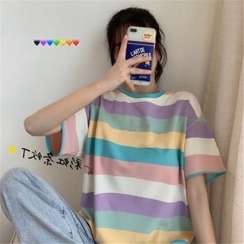 2025 primăvară-vară tricou dama cu mâneci scurte, stil coreean, curcubeu, croială lejeră