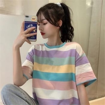 2025 primăvară-vară tricou dama cu mâneci scurte, stil coreean, curcubeu, croială lejeră