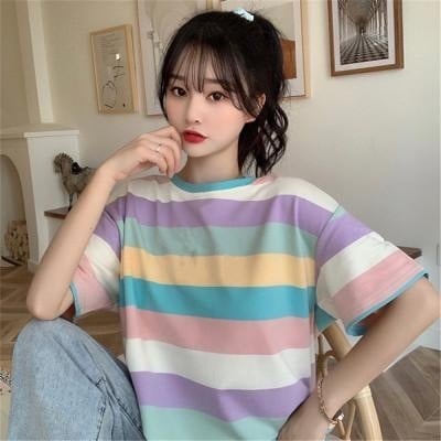 2025 primăvară-vară tricou dama cu mâneci scurte, stil coreean, curcubeu, croială lejeră