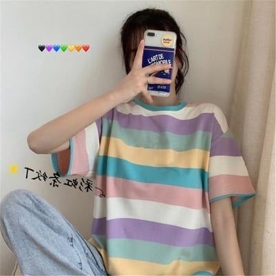 2025 primăvară-vară tricou dama cu mâneci scurte, stil coreean, curcubeu, croială lejeră
