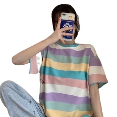 2025 primăvară-vară tricou dama cu mâneci scurte, stil coreean, curcubeu, croială lejeră