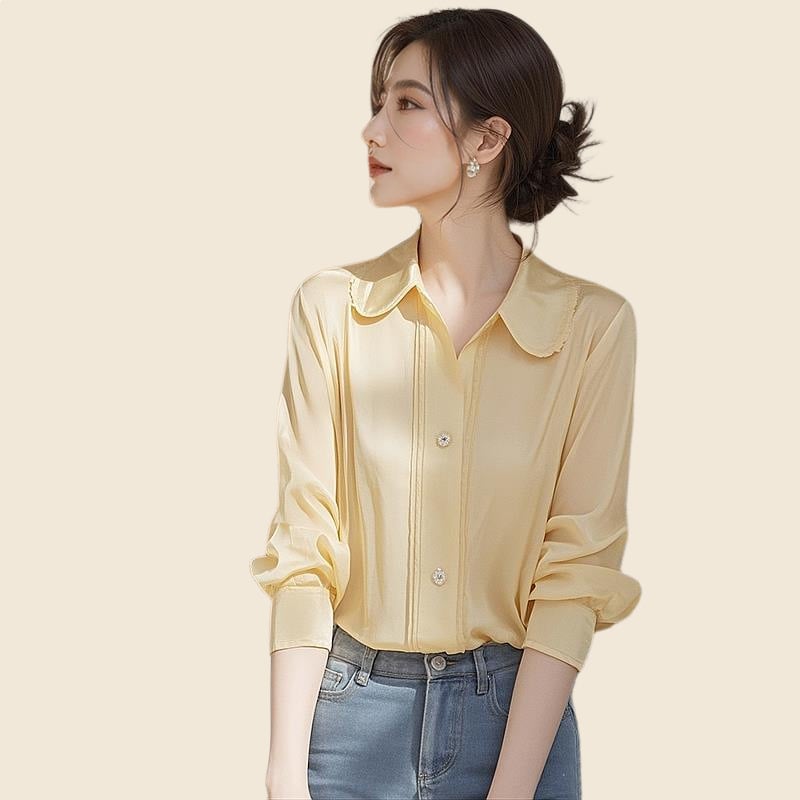 Bluza din chiffon cu mânecă lungă, guler rever, stil franțuzesc chic, început de toamnă 2026