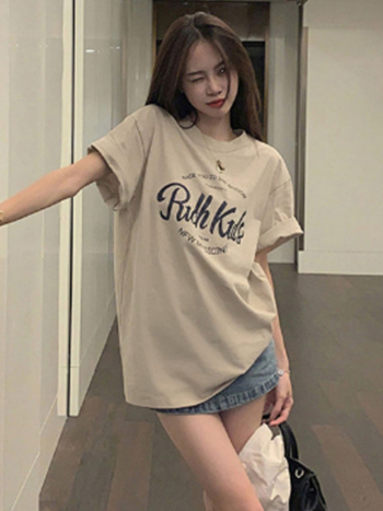Tricou damă din bumbac în culoare kaki deschis, mâneci scurte, lungime medie, stil casual Harajuku vară, imprimeu anime