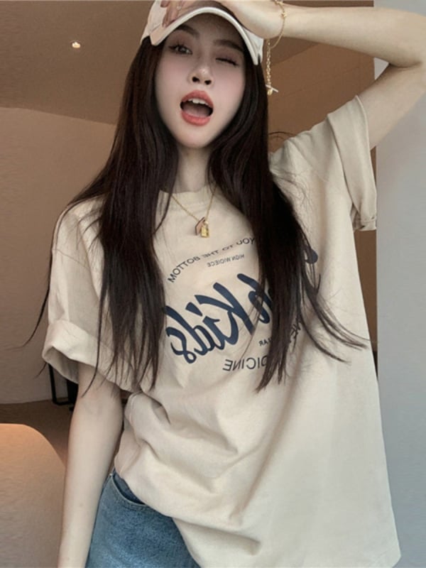 Tricou damă din bumbac în culoare kaki deschis, mâneci scurte, lungime medie, stil casual Harajuku vară, imprimeu anime