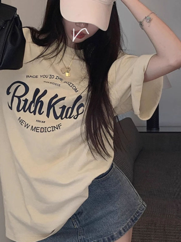 Tricou damă din bumbac în culoare kaki deschis, mâneci scurte, lungime medie, stil casual Harajuku vară, imprimeu anime