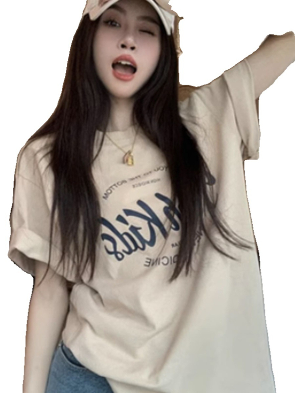 Tricou damă din bumbac în culoare kaki deschis, mâneci scurte, lungime medie, stil casual Harajuku vară, imprimeu anime