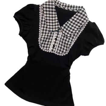 Tricou polo damă scurt, negru vintage, dantelă și patchwork în carouri