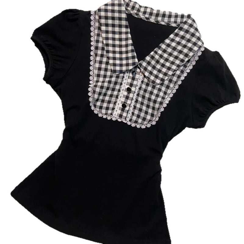 Tricou polo damă scurt, negru vintage, dantelă și patchwork în carouri