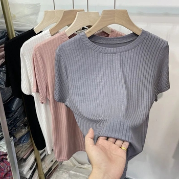 Tricou damă cu mâneci scurte, textură ribată, stil european, croială slim, culoare solidă, vară 2026