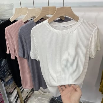 Tricou damă cu mâneci scurte, textură ribată, stil european, croială slim, culoare solidă, vară 2026