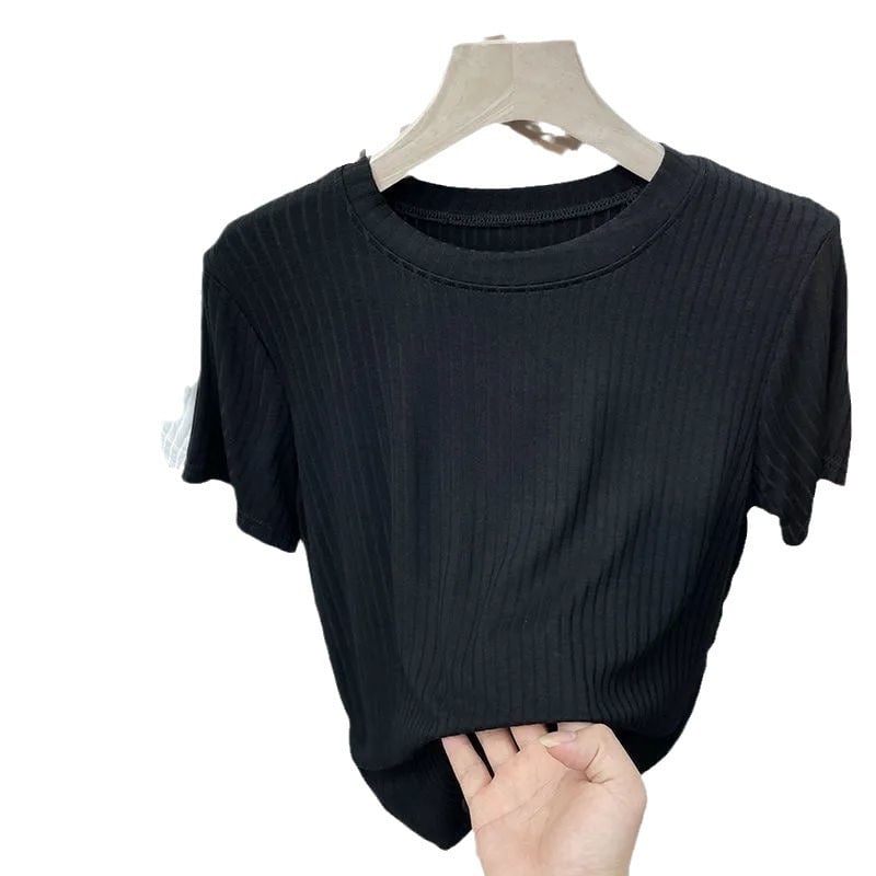 Tricou damă cu mâneci scurte, textură ribată, stil european, croială slim, culoare solidă, vară 2026