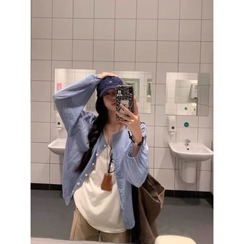 Bluza de damă cu mâneci lungi, în carouri americane retro, croială lejeră, guler polo, model grilă, jachetă cardigan cu protecție solară, material poliester-elastan