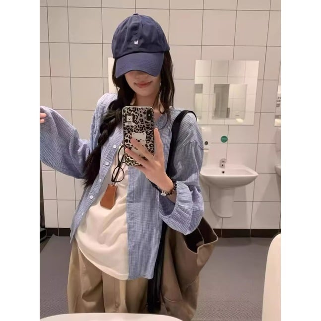 Bluza de damă cu mâneci lungi, în carouri americane retro, croială lejeră, guler polo, model grilă, jachetă cardigan cu protecție solară, material poliester-elastan
