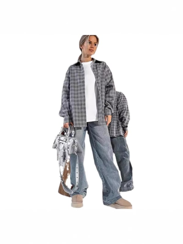 Cămașă oversized gri în carouri, cu rever, pentru femei – primăvara 2025