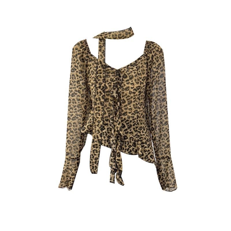 Top de damă scurt cu imprimeu leopard, halter-neck cu funda, mâneci clopot, asimetric, umăr unic, toamnă 2025
